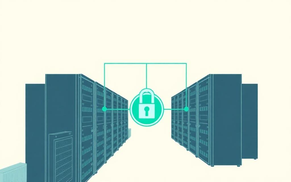 Illustration: rader av serverrackar kopplade till ett digitalt mynt med hänglås.
