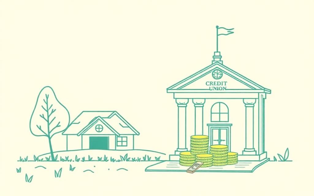 Illustration: en liten gård och en lokal kreditförening med myntstaplar på en huvudbok.