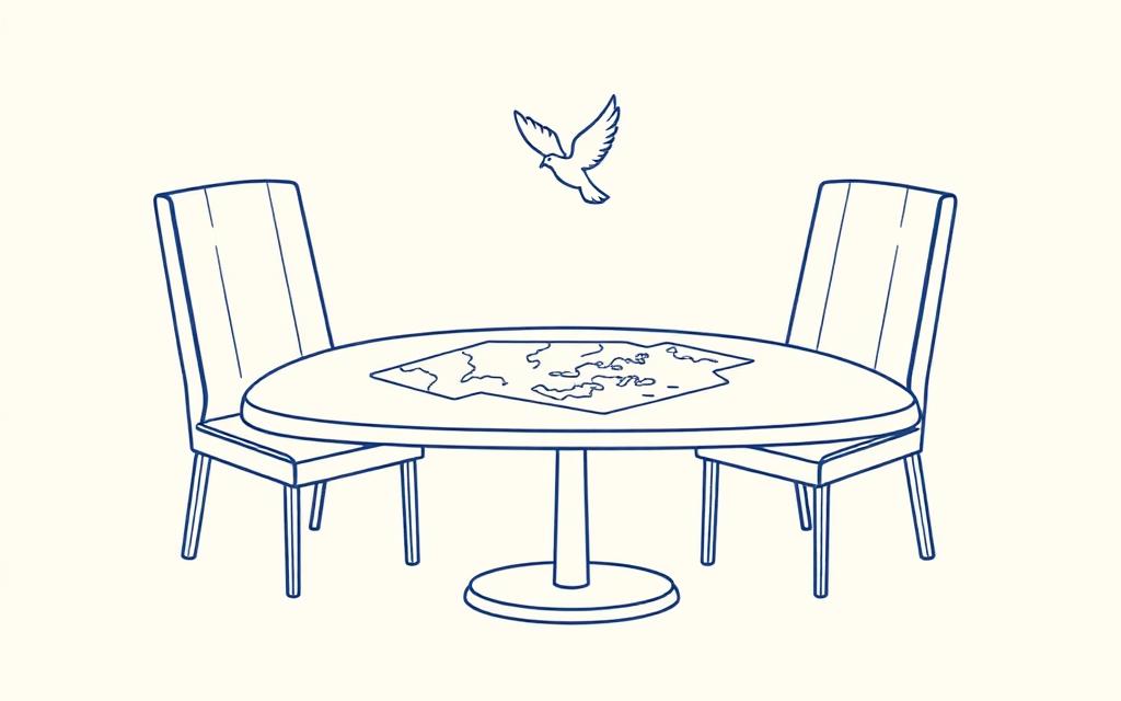 Illustration: ett tomt förhandlingsbord med två stolar, en karta och en duva ovanför.